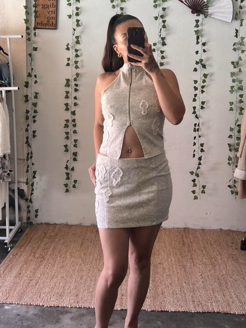 Fashion Nova Y2K Acid Wash Cross 2 Piece Set Halter Top Mini Skirt L